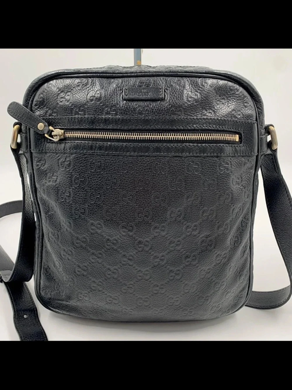 Gucci Black Embossed Leather Messenger Bag with Gold Hardware